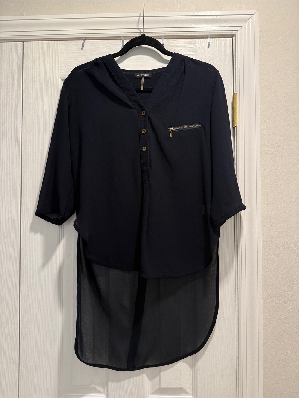 Mystique Boutique Size Medium Navy with Gold Short and Long Hi Lo Blouse Sheer